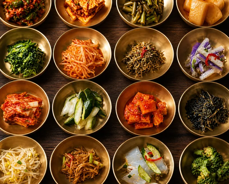 Sixteen brass bowls of banchan side dishes arranged in a grid, seen from above
