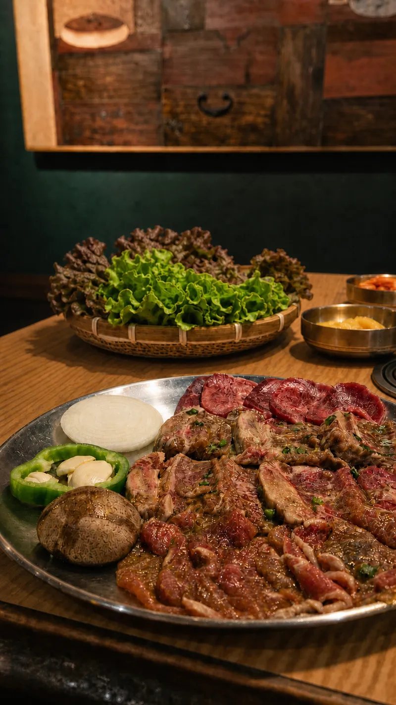 Platter of marinated raw beef for the grill, with a basket of lettuce, garlic and green chilli
