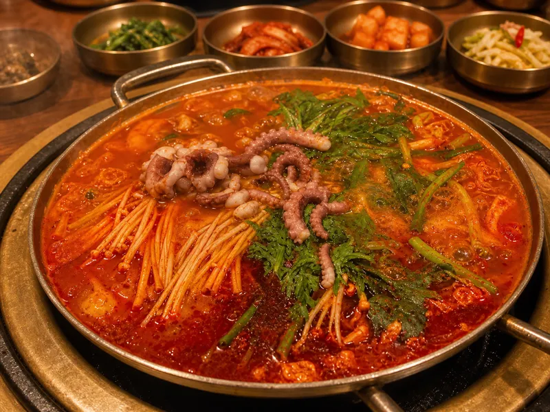 Spicy seafood hotpot with baby octopus, enoki mushrooms and crown daisy greens in a brass pot
