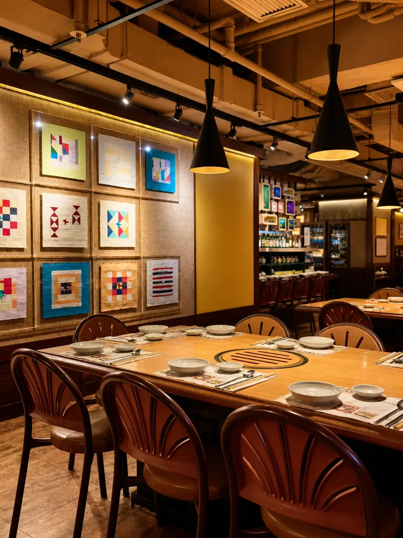 Long banquet table laid for a group, framed geometric prints on the wall