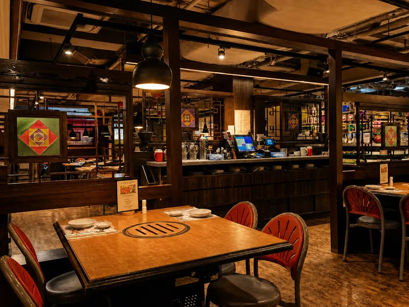 Arirang's dining room: wooden tables with built-in round grills and red chairs